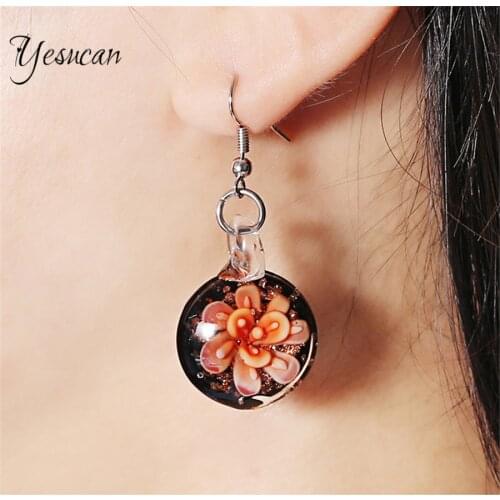 Yesucan Trendy Dangle Water Drop Earrings for Women Long Charm Murano Flower Glass Pendant Party Weddings Earrings Jewelry