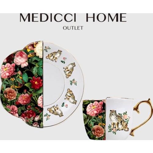 Medicci Home European GG Style Retro Teacups Set Rose And Tiger Print Irregular Ceramic Coffee Cup Saucers Luxury Gold-Plated