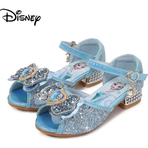 Original Disney Frozen Aisha Princess Childrens High Heel Sandals Girls Soft Bottom Sequined Crystal Shoes Little Girl Shoes