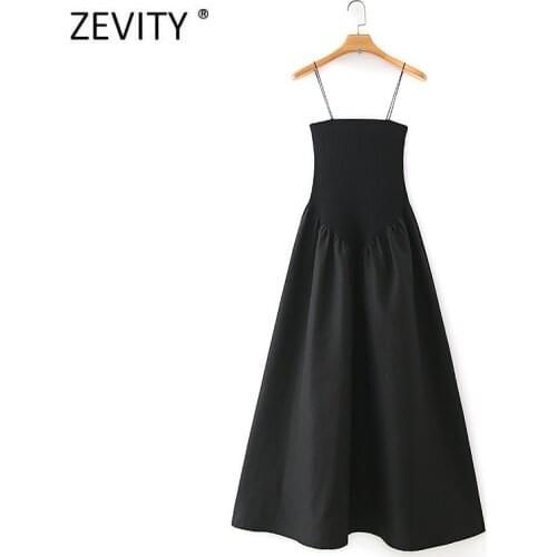 Zevity women sexy spaghetti strap vestido elastic patchwork balck dress chic female pleat casual slim party sling dresses DS4391