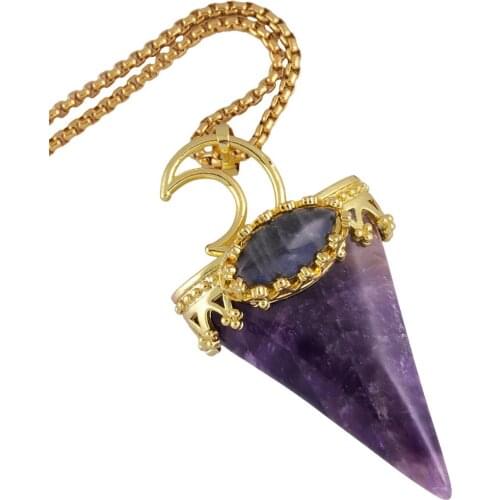SUNYIK Triangular Prism Pendant fit Necklaces Gold Tone Crown Half Moon Healing Crystal Vintage Jewelry for Unisex