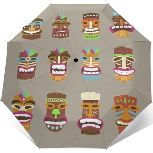 Wind Resistant Fully-Automatic Umbrella Colorful Tiki Masks Print Rain 3 Folding Parasol Travel Car Umbrella