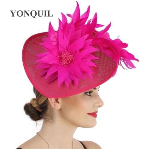 Hot Pink Big Hair Wedding Fascinator Women Hat Imitation Sinamay Headpiece Hairband Bride Ladies Party Banquet Floral Fedora Cap