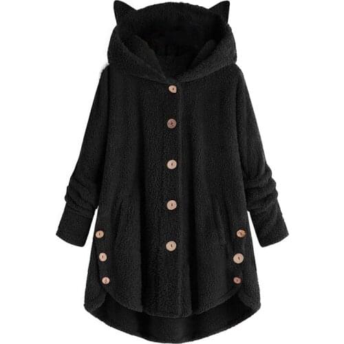 Womens Jacket Side Buckle Fluffy Hem Hooded Loose Warm Pullover Cute Cat Ear Hooded Coat Hot