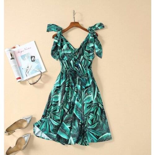American European womens and clothes spring 2021 new style Sleeveless v-neck Fashionable green leaf print dress