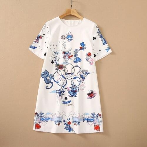 European and American womens wear for summer 2021 Short sleeved nail bead cartoon print Fashion White Dress
