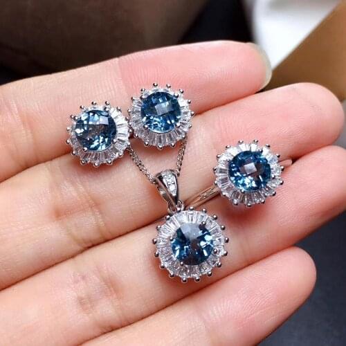 Fashion round Sun flower S925 silver natural blue topaz gem ring pendant earrings natural gemstone woman party gift set jewelry