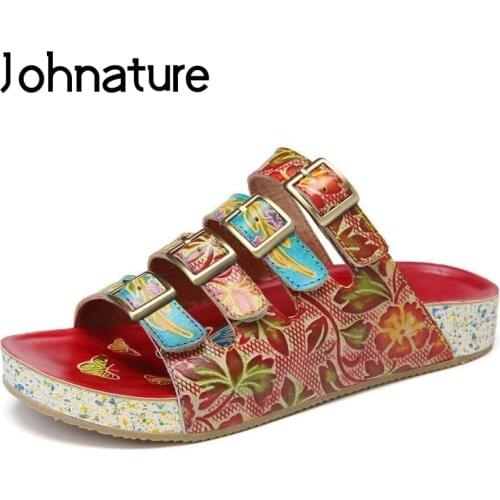 Johnature Women Slippers Genuine Leather Summer Outside Shoes Hand-painted National Style Slides Flat With Handmade Slippers