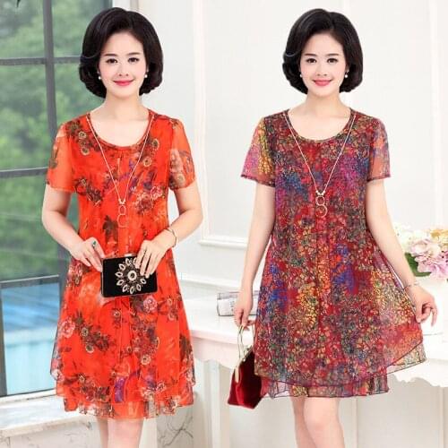2021 Summer Women Print Chiffon Dress Short Sleeve Plus Size Vintage Knee-length Beach Boho Dresses Elegant Party Vestidos Y309