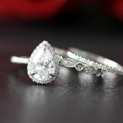 1.5ct 9X6mm Pear Cut Moissanite Engagement Ring & Wedding Band Set 14K White Gold Moissanite Ring Set Anniversary Ring Halo Ring