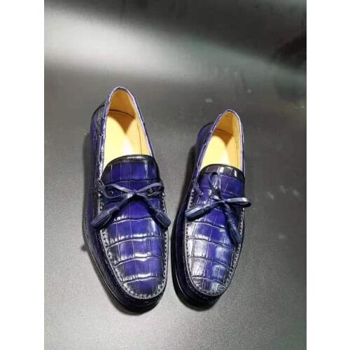 100% Genuine real crocodile skin men shoe shinny blue 2 mixed colors crocodile belly skin men dress business shoe