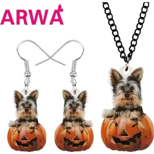 ARWA Acrylic Halloween Pumpkin Head Yorkshire Dog Jewelry Sets Cute Yorkie Pet Animal Earrings Necklace For Women Kid Funny Gift