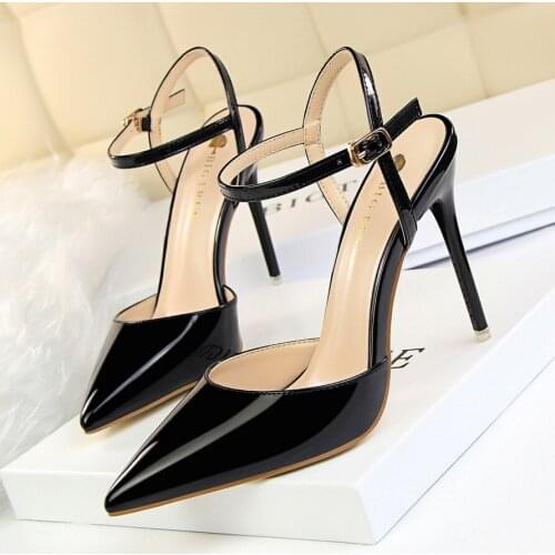 Womens shoes Summer style simple thin heel ultra high heel shallow mouth pointed leather sexy nightclub slim one-line sandals