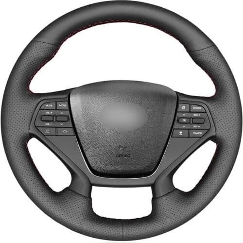 Black Artificial Leather Hand-stitched No-slip Car Steering Wheel Cover for Hyundai Sonata 9 2015 2016 2017 (4-Spoke)