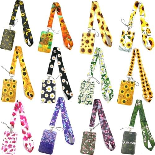 Flowers Lanyard Credit Card ID Holder Bag Student Women Travel Card Cover Badge Car Keychain Gifts Accessories