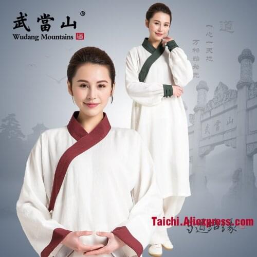 Oblique Collar Linen Tai Chi Uniform Long Tai Chi Robe Unisex Taoism Wu Shu Clothing Top And Pants