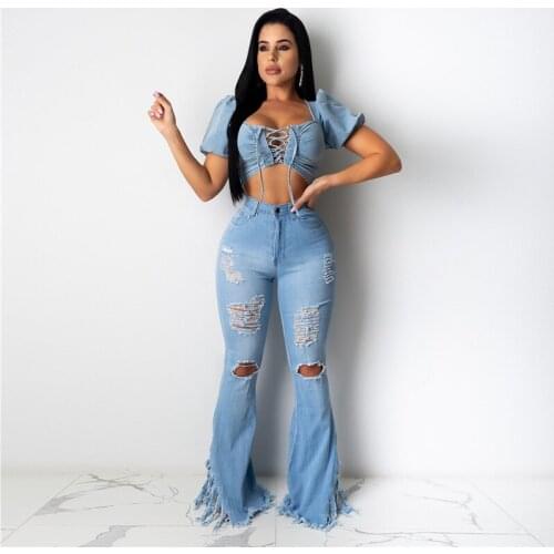 Hirigin Women Fashion Party Pants Jeans High waist Ripped Draped Holes Slim Bell Bottom Clothes Ladies High Street Trousers