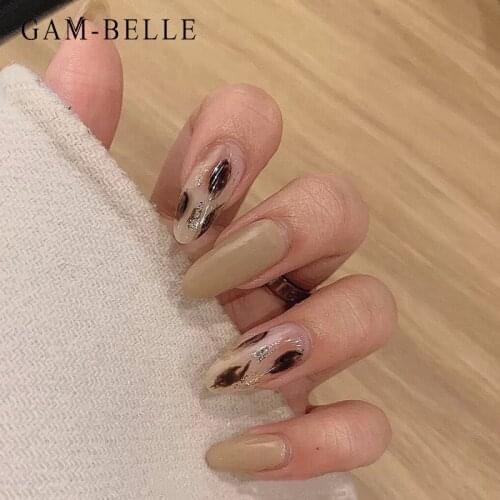 GAM-BELLE Professional Fake Nails Leopard Glitter Long Ellipse Full Cover Artificial Nail Art Tips Press On Nails Manicure Tools