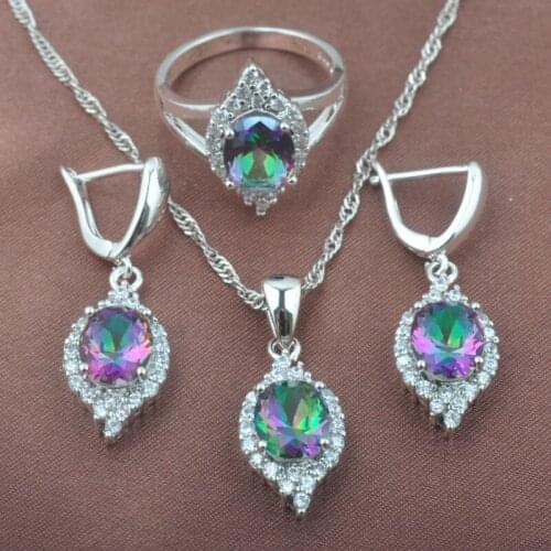 Amazing Multicolor Rainbow Zircon Womens Silver Plated Jewelry Sets Pendant Earrings Ring Free Gift Box TZ0511