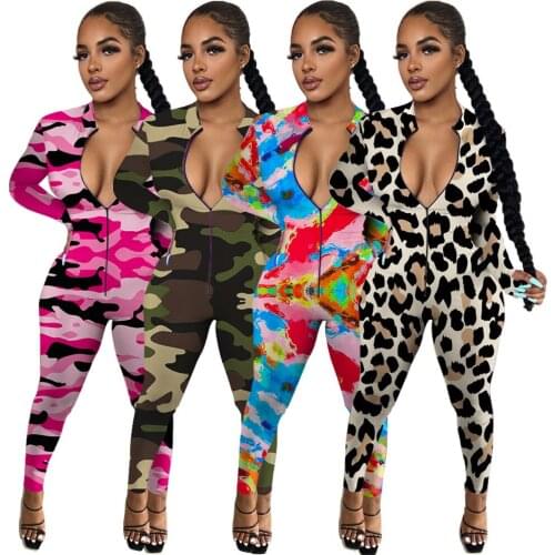 Women Sports Jumpsuits Multicolor Camouflage Leopard Printed Jumpsuits Ladys Sexy V-neck Full Sleeve Zipper Skinny Rompers