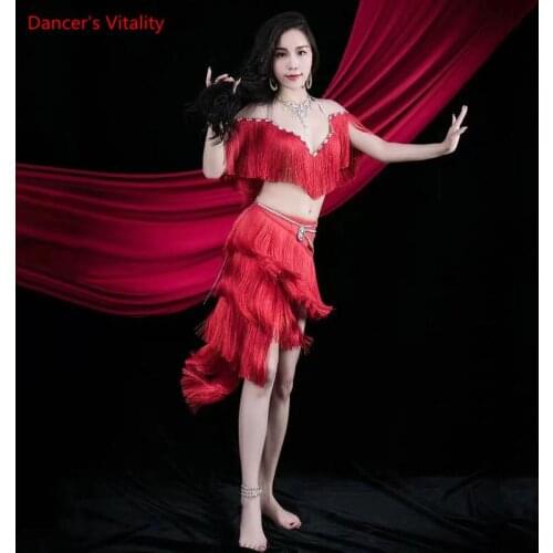 Belly Bance Suit Tassel Bra Diamond-Studded Belt Skirt Performance Clothes Set Female Adult High-end Top Competition Clothing