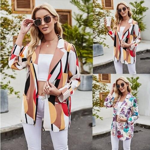 2021 Summer New Loose Womens Clothing Classic Geometric Printing Lapel Fashion Small Suit Large Size Jacket Female Blouse