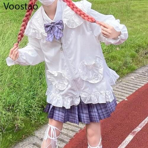 Japanese Sweet Lolita Style Hooded Coats Spring Autumn Women Cute Ruffles Flare Sleeve JK Uniform Jackets Girly Harajuku Outwear