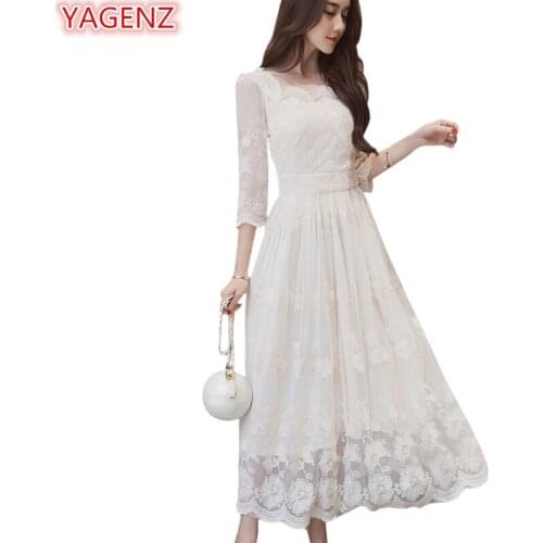 YAGENZ Summer Bohemia Dress 2021 Korean Beach Ruffled Lace Long Dress High Waist Fashion Five sleeves Elegante Ladies Dresses K2