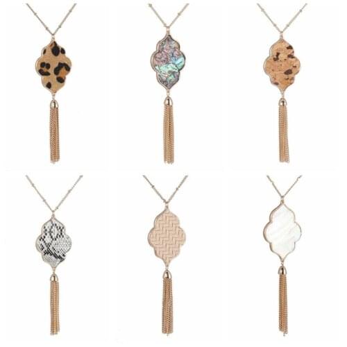 Fashion Geometric Flower Abalone shell Leopard Pendant Necklace Tassels Long Chain Sweater Necklace For Women Jewelry