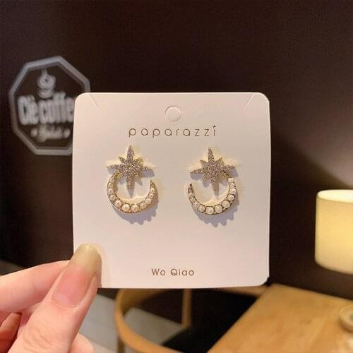 Origin Summer Korean Fashion Star Moon Dangle Earring for Women Simulation Pearl Shining Rhinestone Metal Earring Jewelry