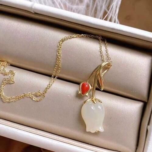 Natural Hetian Jade Tulip Flower Necklace for Women Sterling Silver Clavicle Chain Special-Interest Design Birthday Gift for Gir