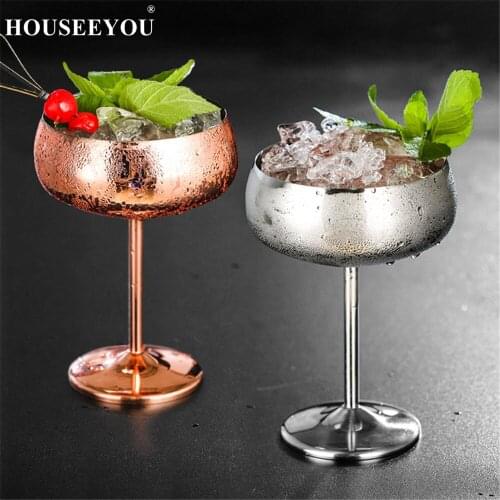 HOUSEEYOU Luxury 304 Stainless Steel Cocktail Glass Silver Rose Cocktail Juice Drink Champagne Goblet Party Barware Kitchen Tool