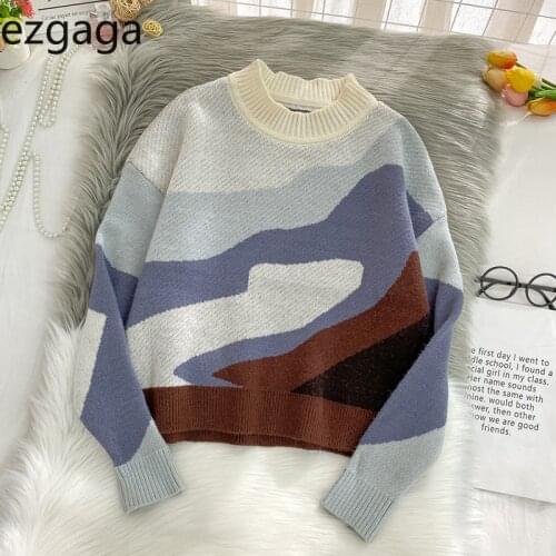 Ezgaga Women Sweaters Autumn Winter Japanese Style Vintage Contrast Panelled Short Loose Knitted Pullover Tops Outwear Casual