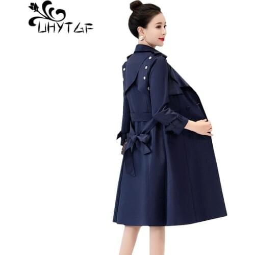 UHYTGF New spring trench coat for women Double-breasted slim elegant Female outerwear Belt temperament Plus size windbreaker 48