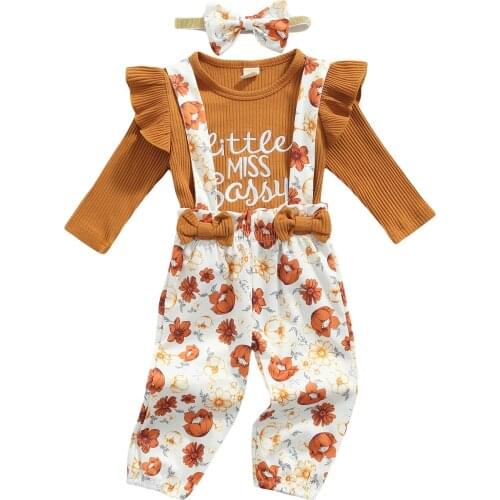 0-24 Months Letter Babys Sets Newborn Long Sleeves + Suspenders Trousers + Bow Headband, Flower Pattern Letter Spring Clothing