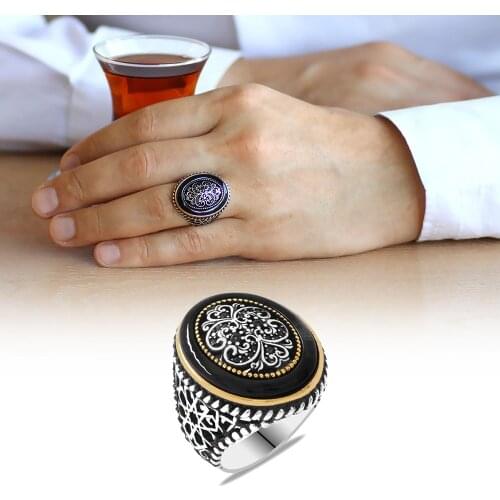 Tesbihane Outer Ring Black Shrink Amber Interior Decor Zircon Stone Decorated 925 Sterling Silver Men 'S Ring
