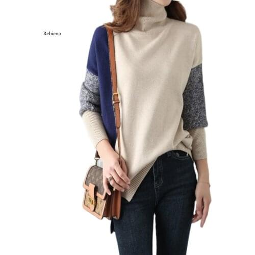 Knit Sweater Women High Neck Stitching Contrast Color Pullover Lazy Angora Wool Pullover Loose Outer Wear Turtleneck Tops