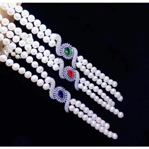 3 kinds of colored zircon Tassel Necklace Bead Freshwater natural Pearl 925 Sterling Silver Jewelry For Women Statement Necklace
