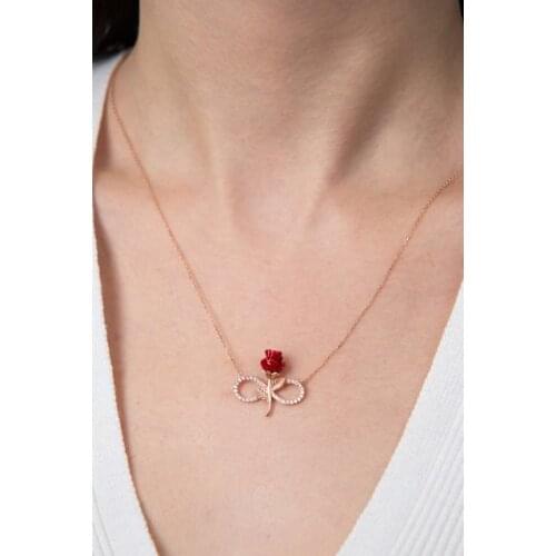 Womens Red Rose Infinity Model 925 Sterling Silver Necklace