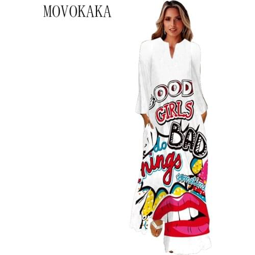 MOVOKAKA 3D Mouth Print Autumn Dress 2021 White Casual Breathable Long Dresses Woman Elegant Girl V-nenk Long Sleeve Dress Women