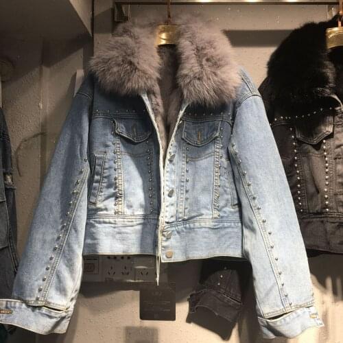 2020 winter new fashion trend big fur collar single-breasted rivet thick denim jacket short jeans coat with rabbit fur loose