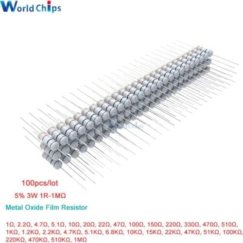 100PCS Metal Oxide Film Resistor 1R 4.7R 10R 100R 220R 1K 2.2K 4.7K 6.8K 10K 22K 47K 100K 470K 1MΩ Ohm Resistance 5% 3W 1R-1MΩ
