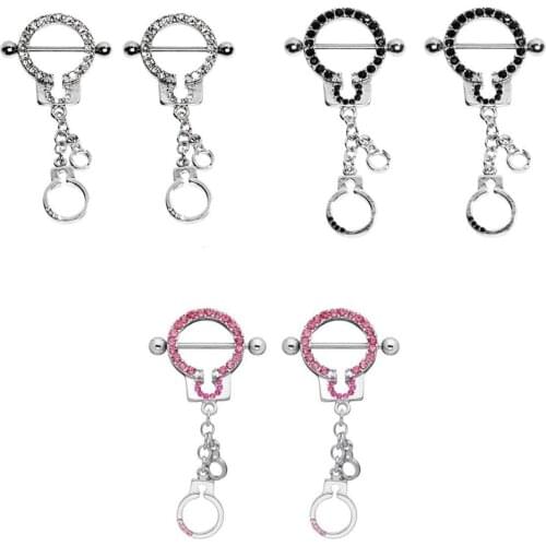 2pcs Stainless Steel Novelty Crystal Handcuffs Nipple Ring Shields with Dangle Handcuff Stylish Design Fashion Body Jewelry 16g