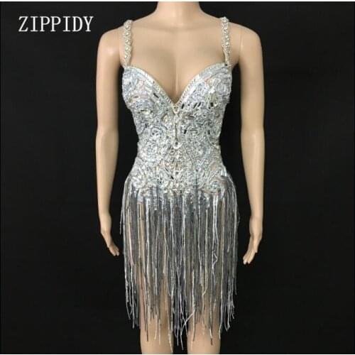 Shining sexy women Silver Crystals Fringes Bodysuit See Through Birthday Celebrate Mesh Outfit Party Dance Female Singer Show