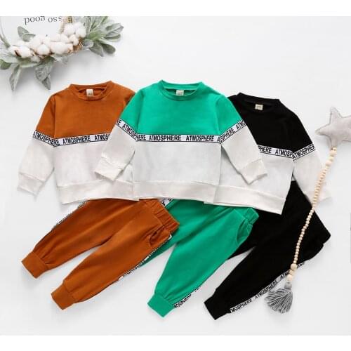 Kids Baby Girls Boys Long-sleeved Trousers Suit Personality Stitching Round Neck T-shirt and Solid Elastic Long Pants Sportwear