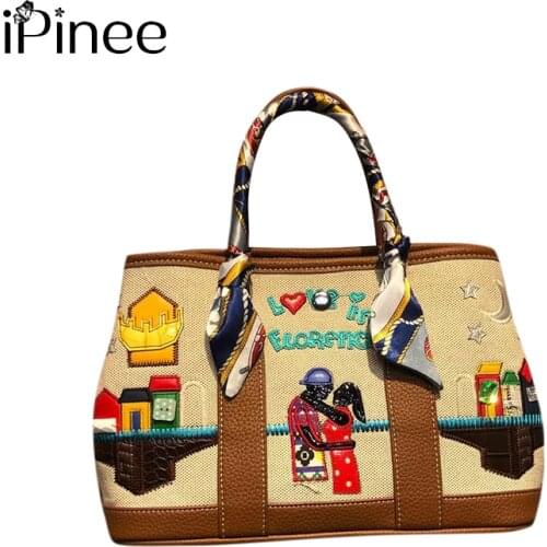 IPinee Embroidery Women Handbags With Scarves Designer Canvas Shoulder Messenger Bag Party Lady Crossbody Tote Bag Female Purse