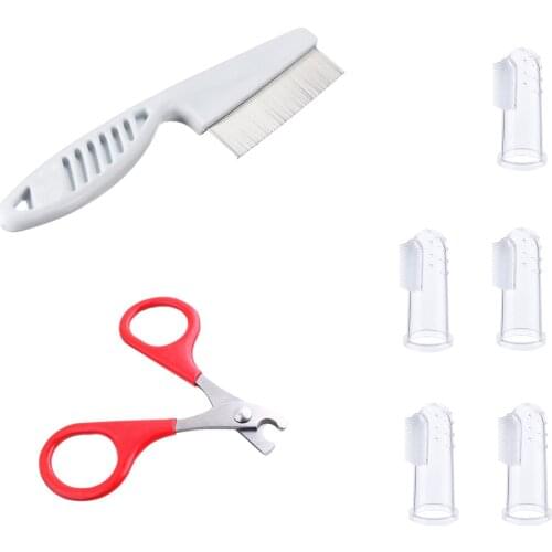 Pet Grooming Kit Pet Nail Clippers Comb with Long Stainless Steel Teeth 5pcs Finger Toothbrush Nail Trimmers Grooming Tools