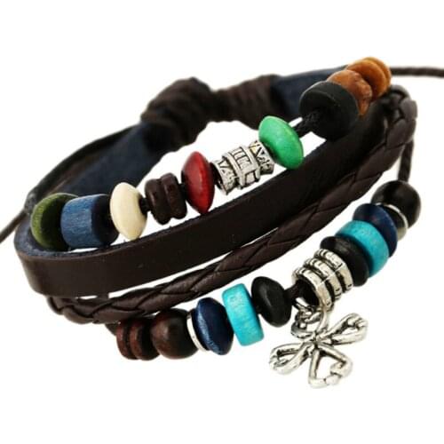 Cross Jewelry Vintage Multilayer Leather Beads Wrap Bracelet Retro Handmade Heart Charm Bangle for Women Girl Fashion Wristbands