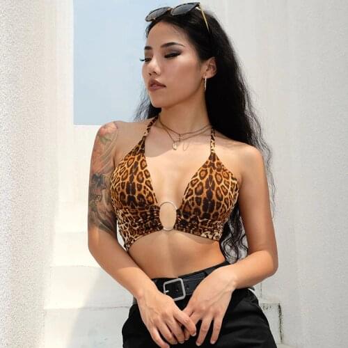 Leopard Printed Sexy Halter Crop Top Women Camis Backless Bandage Lace Up Sequins Metal Ring Tank Top 2020 Party Club Bustier