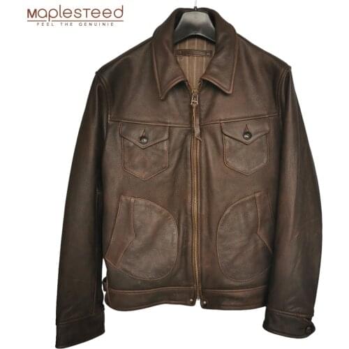 Super Vintage Leather Jacket Men Soft Thick 1.8-2.1kgs 100% Natural Cowhide Jacket Asian Size S-4XL Winter Coat Warm M428